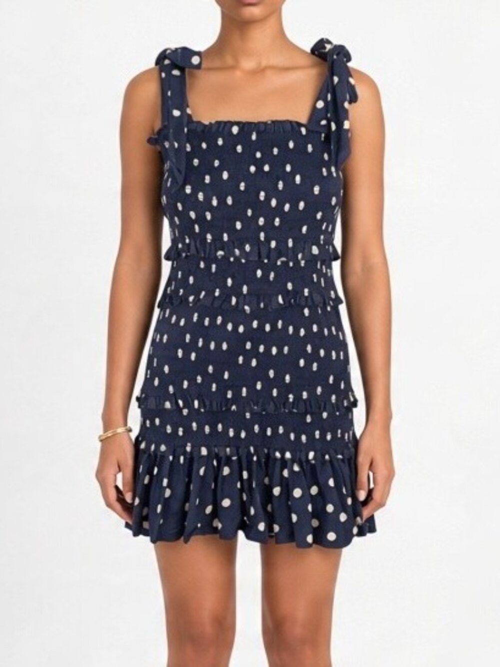 Mable Navy Blue White Polka Dot Smocked Tie Strap Mini Dress Womens L